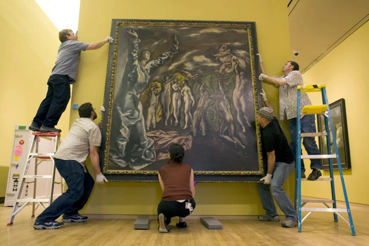 Installing El Greco's "Opening of the Fifth Seal" L to R: Brad Johnson, Jeff Bell, (unknown), Mark Brown, and Warren Hicks from the El Greco to Velazquez: Art during the Reign of Phillip III exhibition, 2008