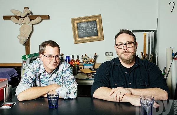 Peas in a podcast: Warren Hicks and Jeff Bell, producers of Don't You Lie to Me , at Hicks's Golden Belt studio. Photo by Ben McKeown