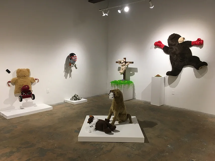 Installation shot of "Cautionary Tails". L to R: "Boozy the Texting Bear", "MVP", "Swallow the Leader", "Forgive Them, Santa", "Sucker-Punch and Cookies"