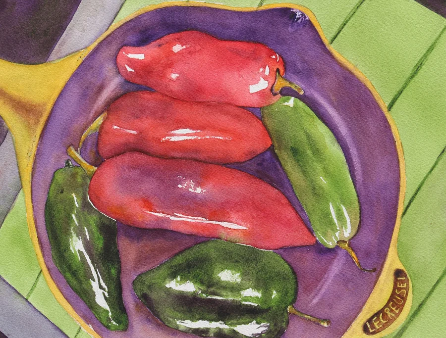 Helena Seyffert Hill | “Green and Red Peppers” | Watercolor on acid-free paper | 9.5 x 12.5 in.