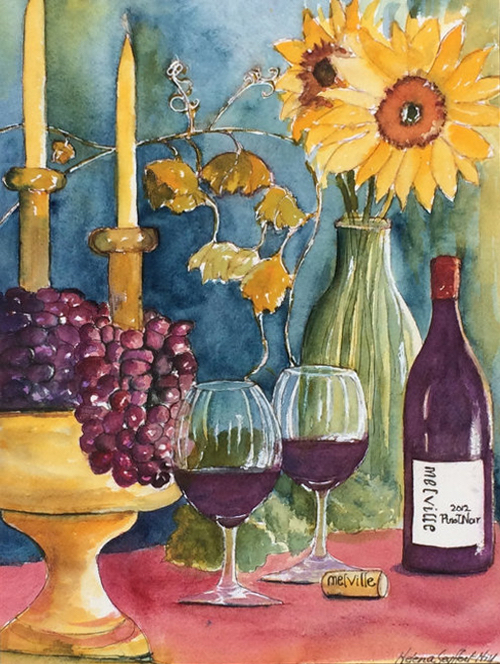 Helena Seyffert Hill | “Sunflowers and Wine” | Watercolor on acid-free paper | 12.5 x 9.5 in.