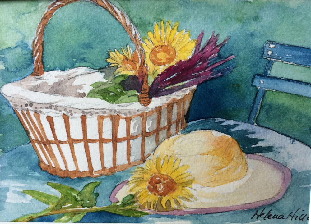 Helena Seyffert Hill | “Sunflowers in a Basket” | Watercolor on acid-free paper | 9 x 12 in.