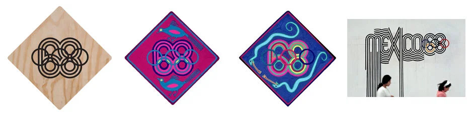 Sample of the Huichol yarn tablets and final branding execution of the 68 Olympics.