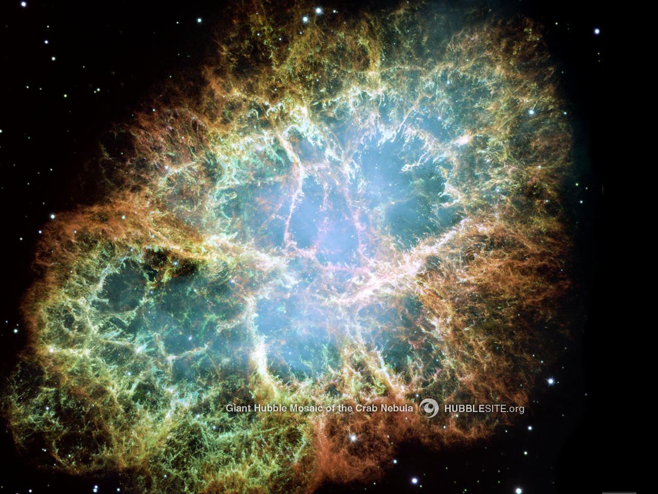 The Crab Nebula: The remnant of a supernova that occurred in 1054 CE. It is composed of helium, hydrogen, carbon, oxygen, nitrogen, neon, and sulfur. Credit: NASA, ESA, J. Hester and A. Loll (Arizona State University), hubblesite.org