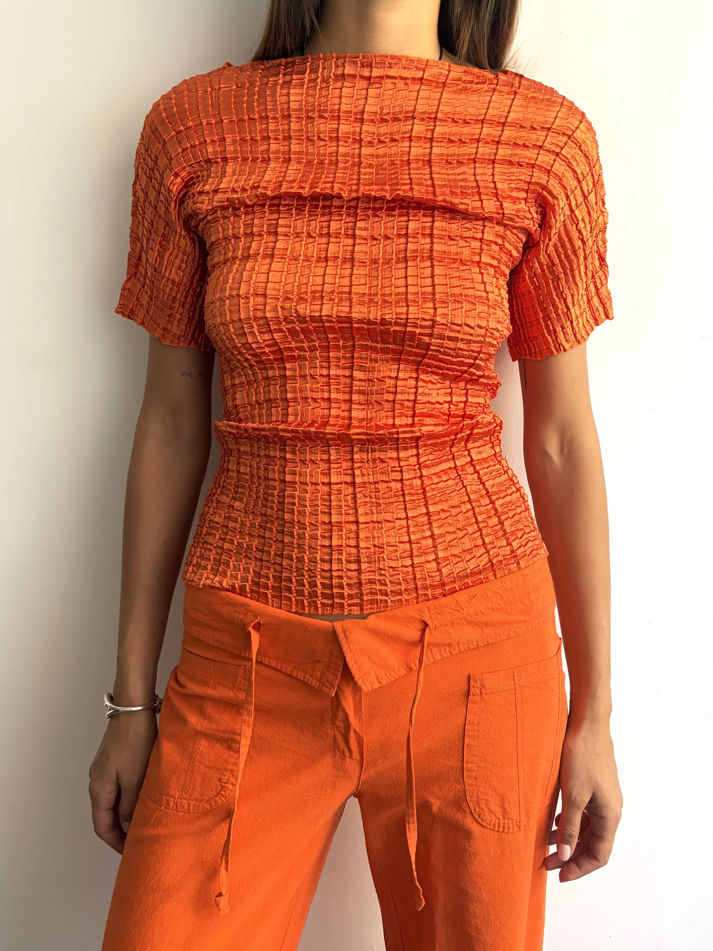 Plisse Top in Tangerine
