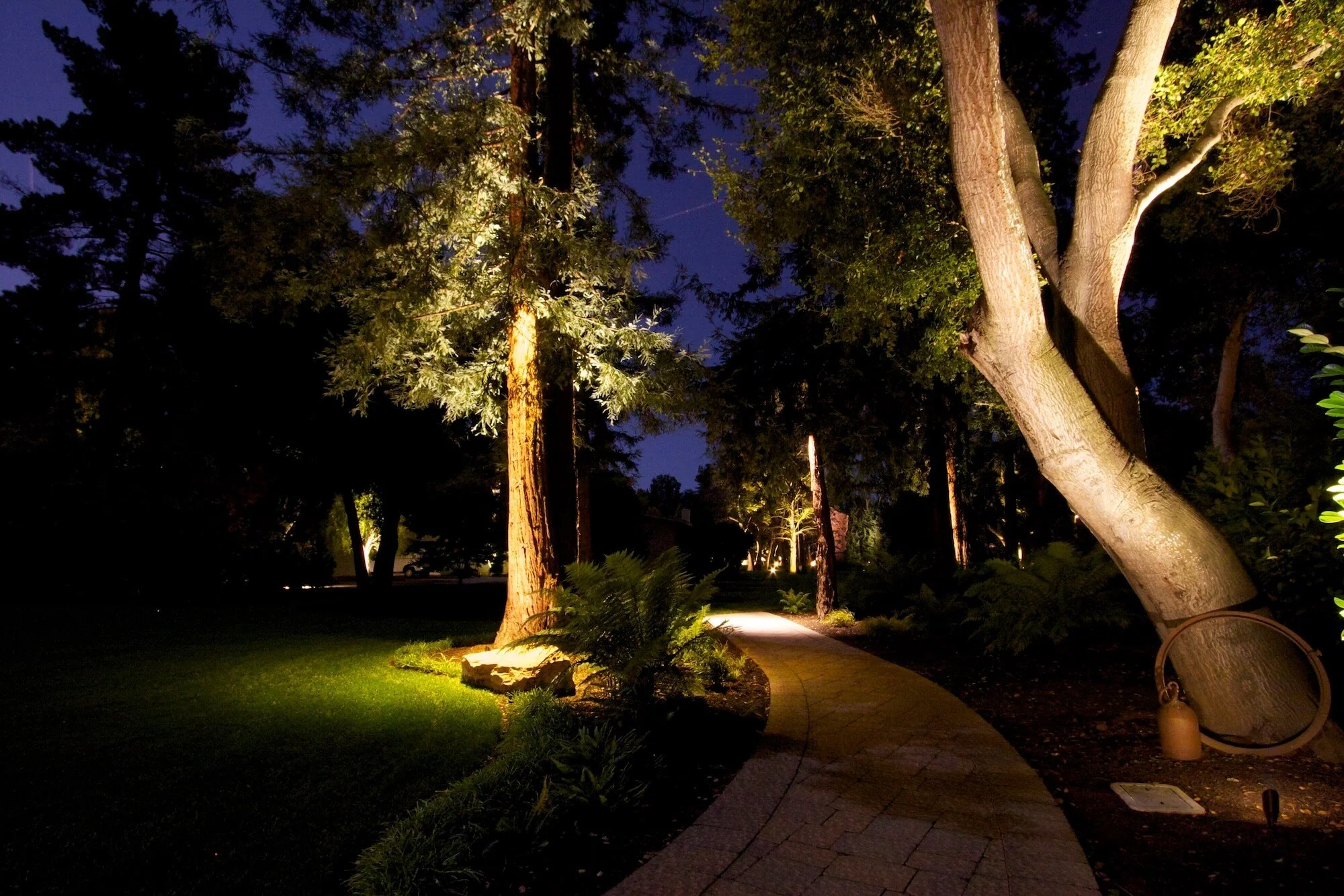 A paving stone pathway and surrounding foliage light up by exterior landscape lighting in Palo Alto.