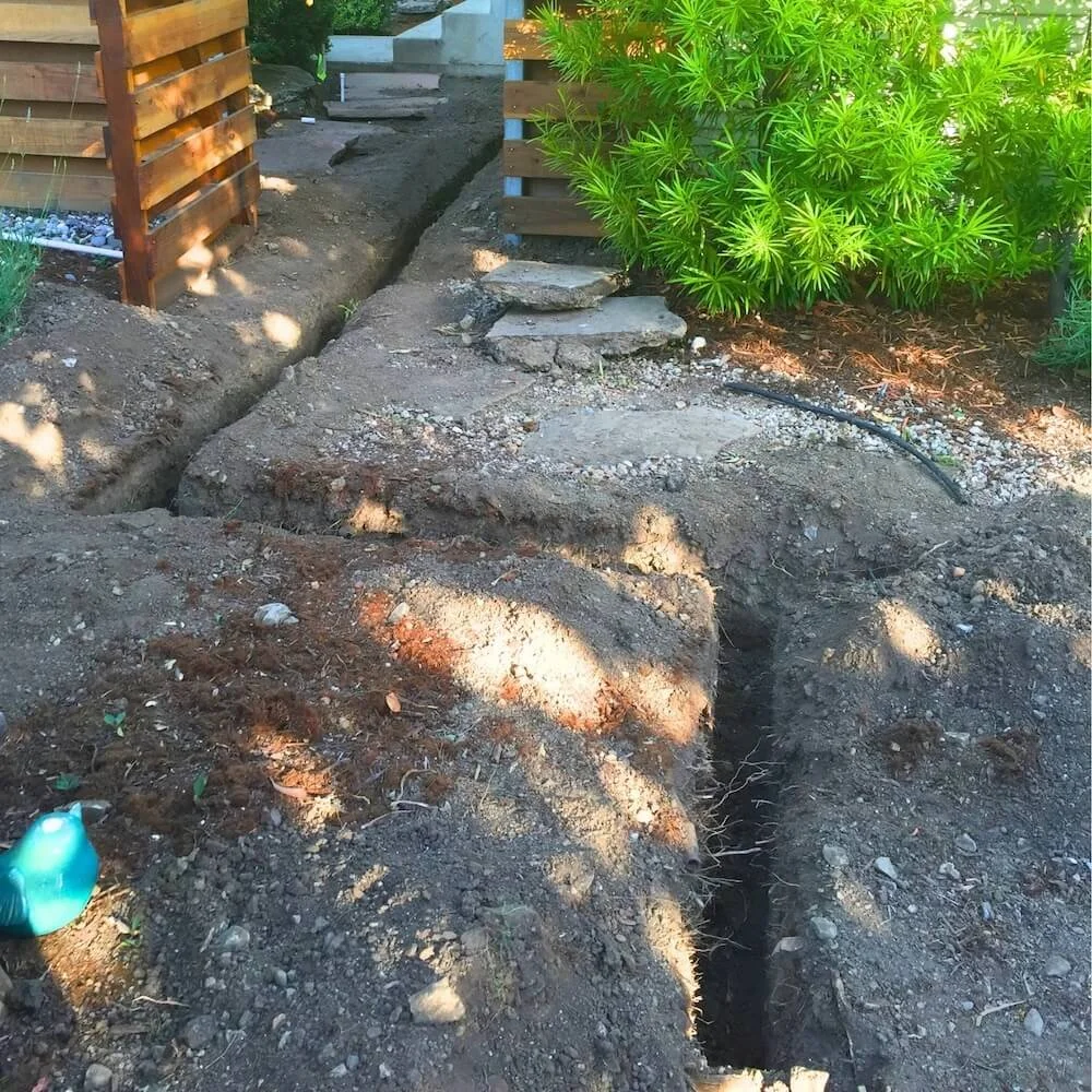 Expertly dug irrigation trench for water mainline replacement in Redwood City California.