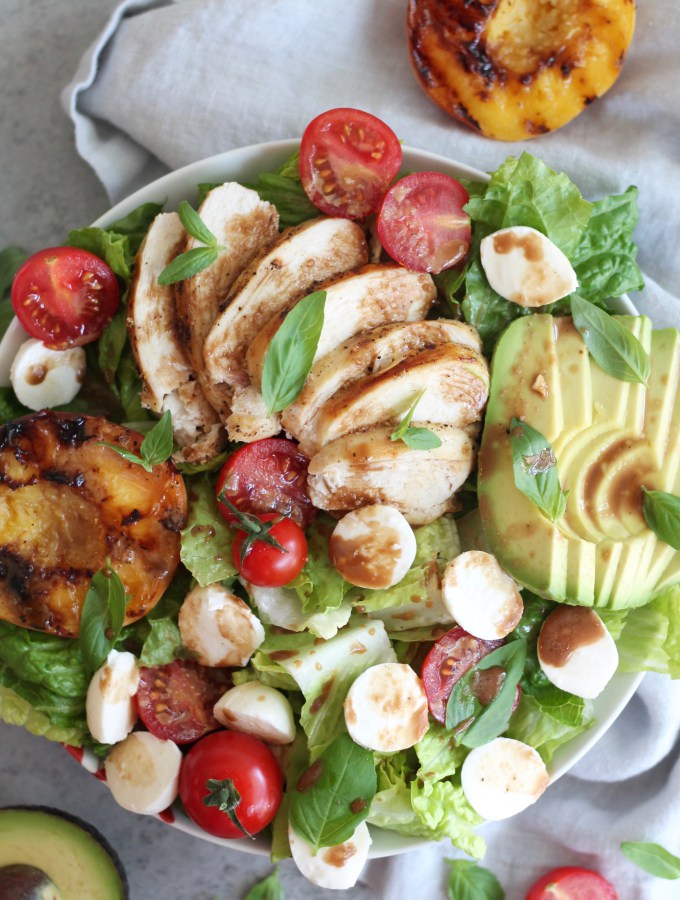 Grilled Peach Caprese Salad with Chicken and Avocado