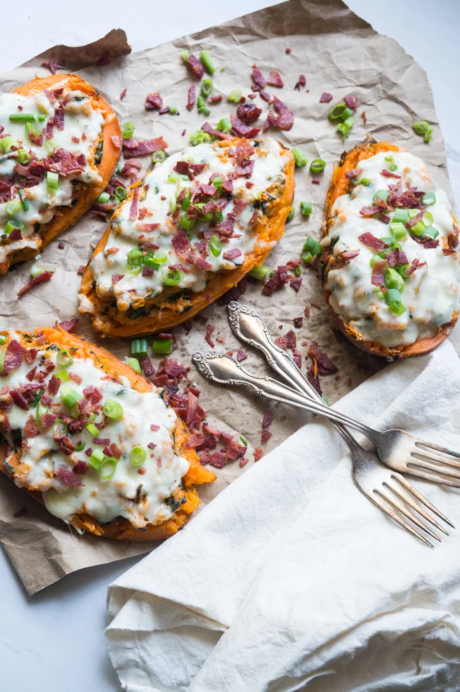 Spinach Artichoke Sweet Potato Skins