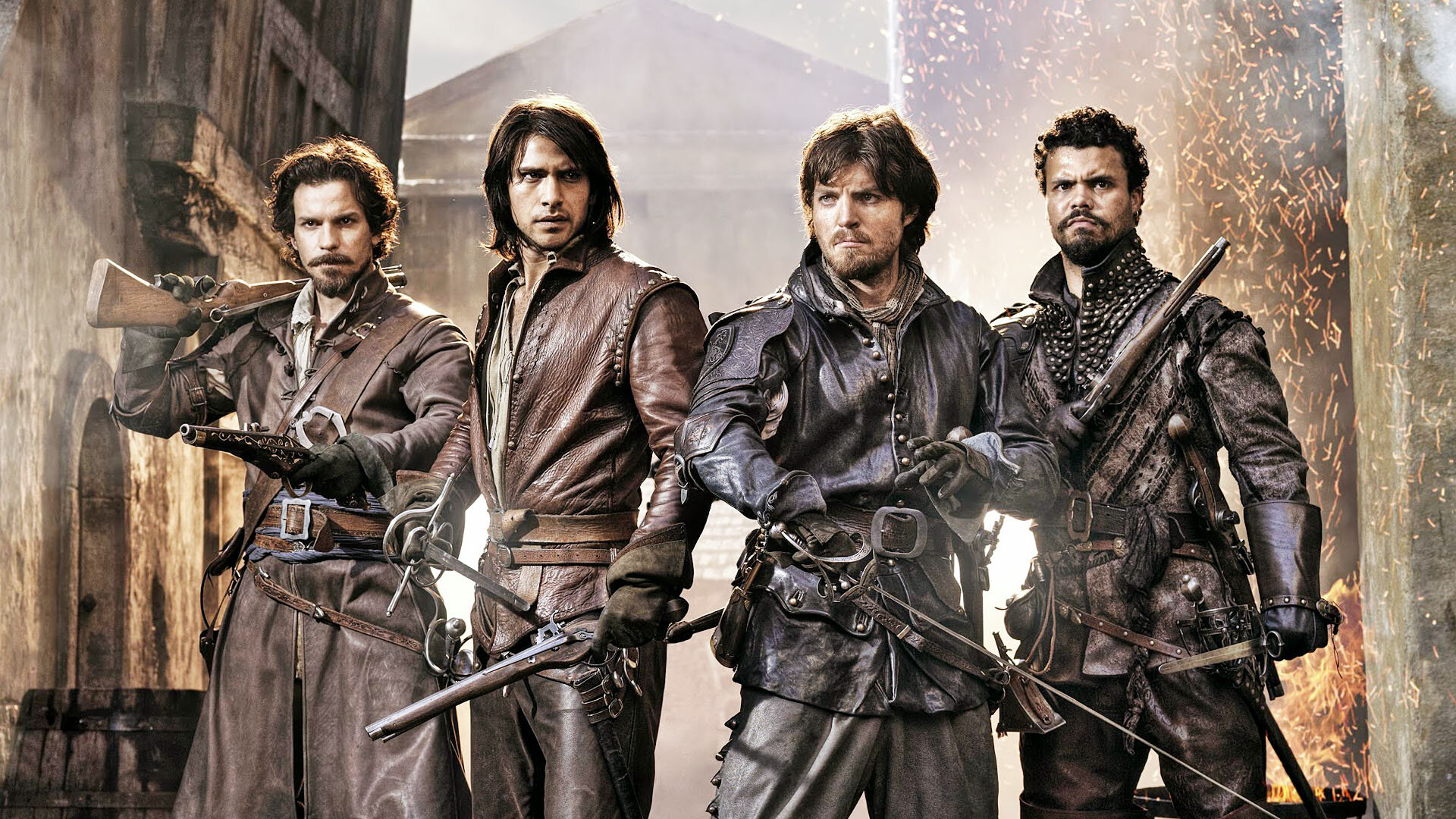 From left to right The Musketeers: Aramis, d'Artagnan,  Athos, and Porthos.