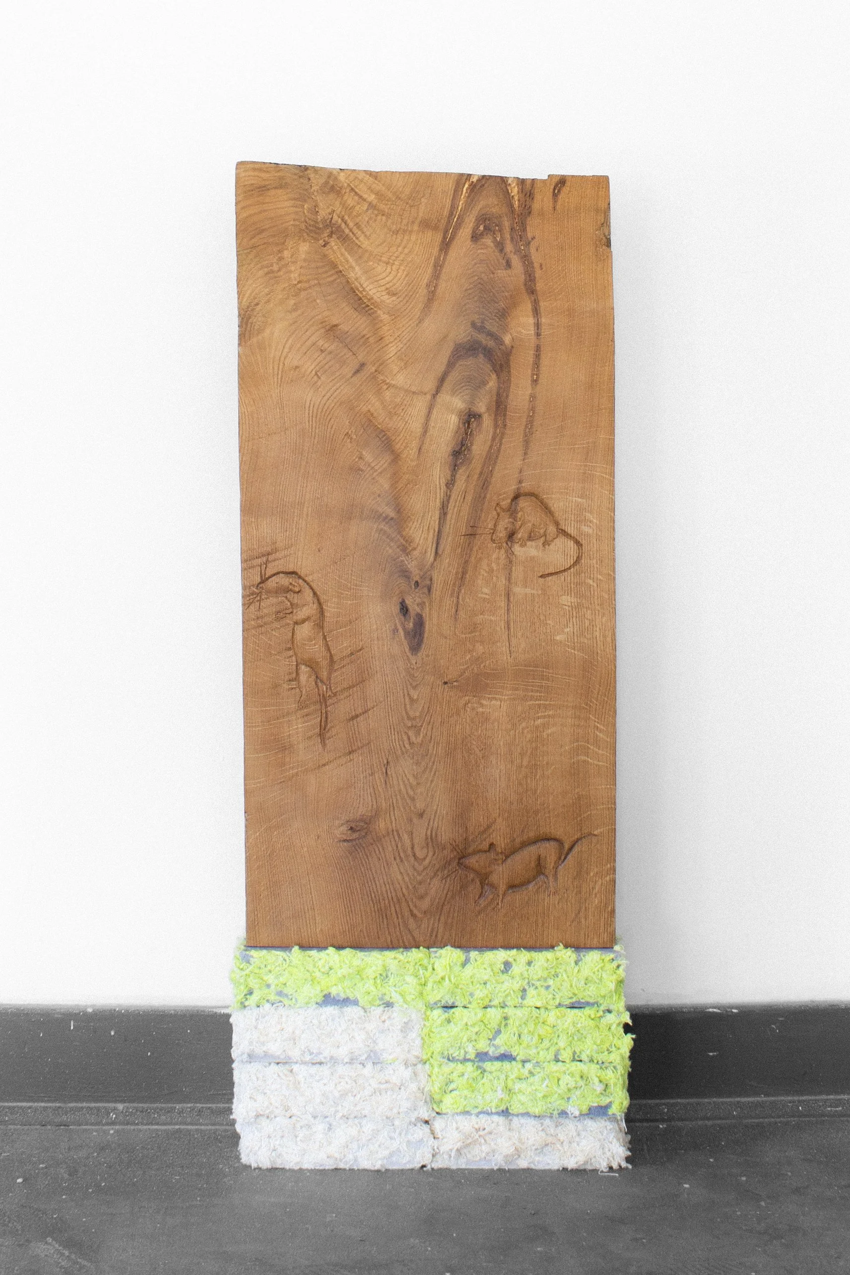  The Helpers, 2026,   oak, cotton, cast stone,   18” x 4” x 48”   