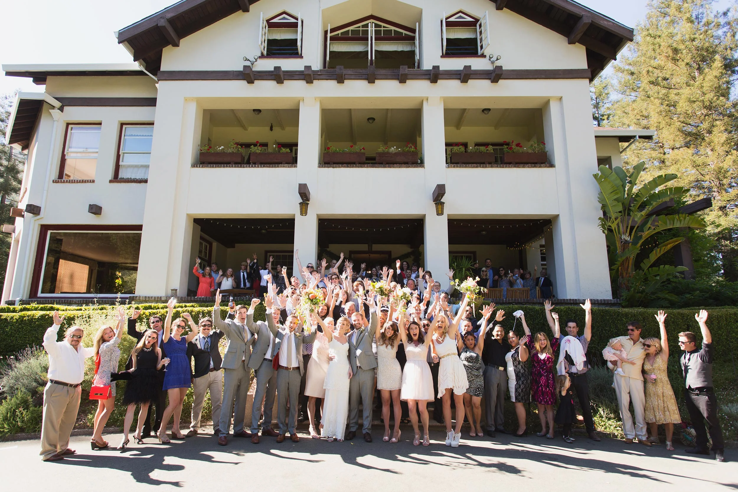 Wedding Group photo in front of Ralston White Retreat in Mill Valley