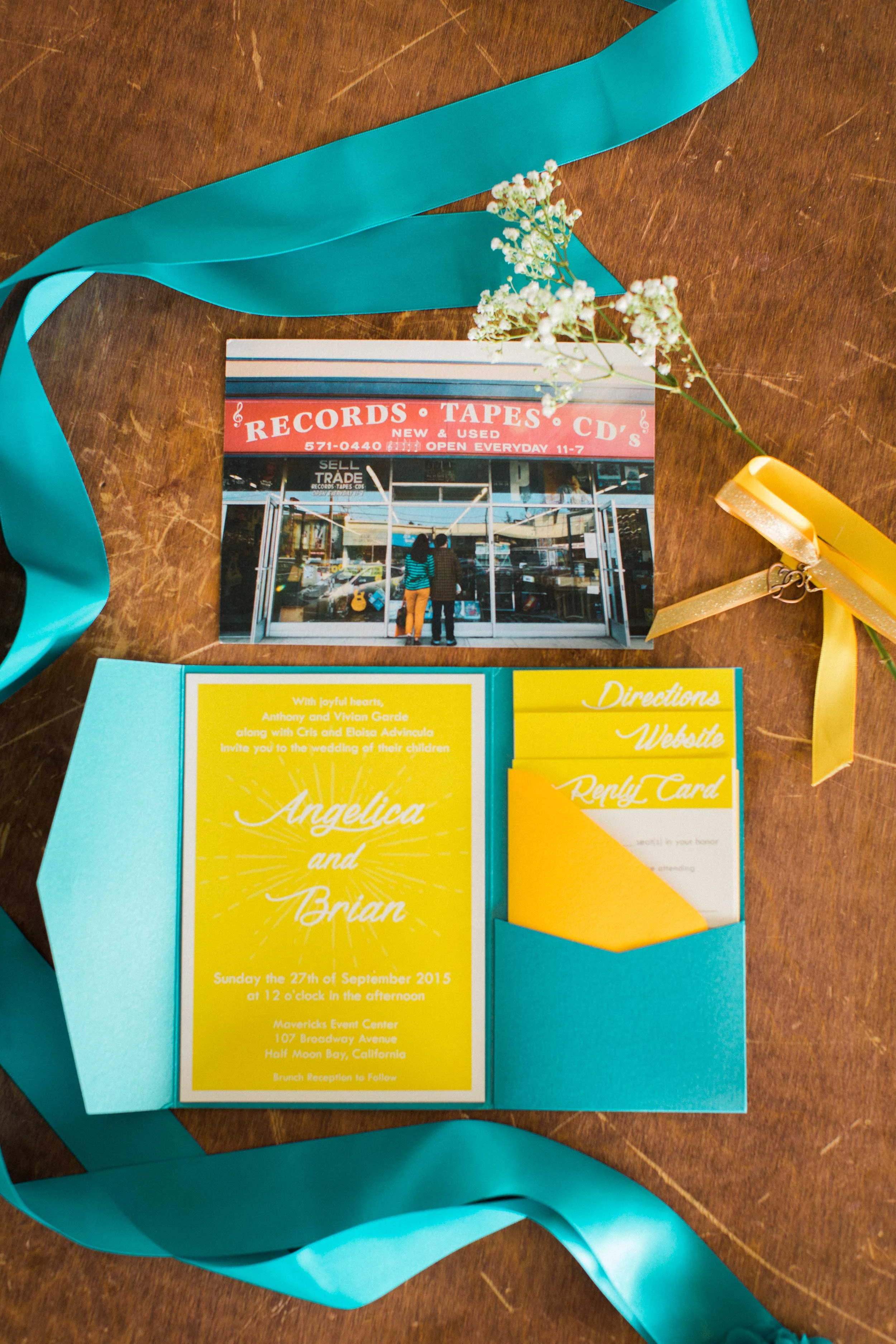 Wedding invitation for a boho music themed wedding at the Mavericks Event Center in Half Moon Bay