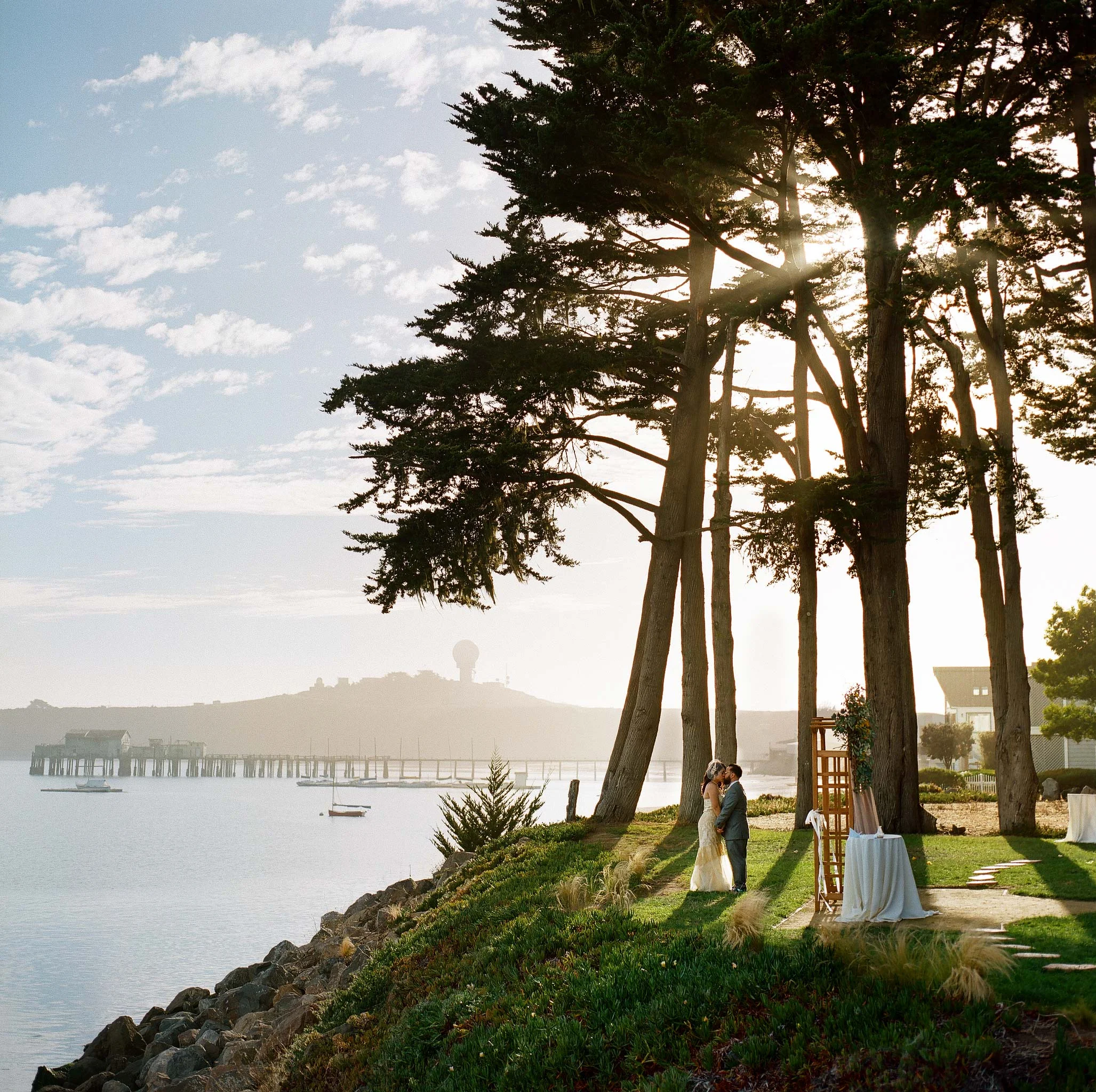 Bride and groom at sunset at the Mavericks Event Center in Half Moon Bay