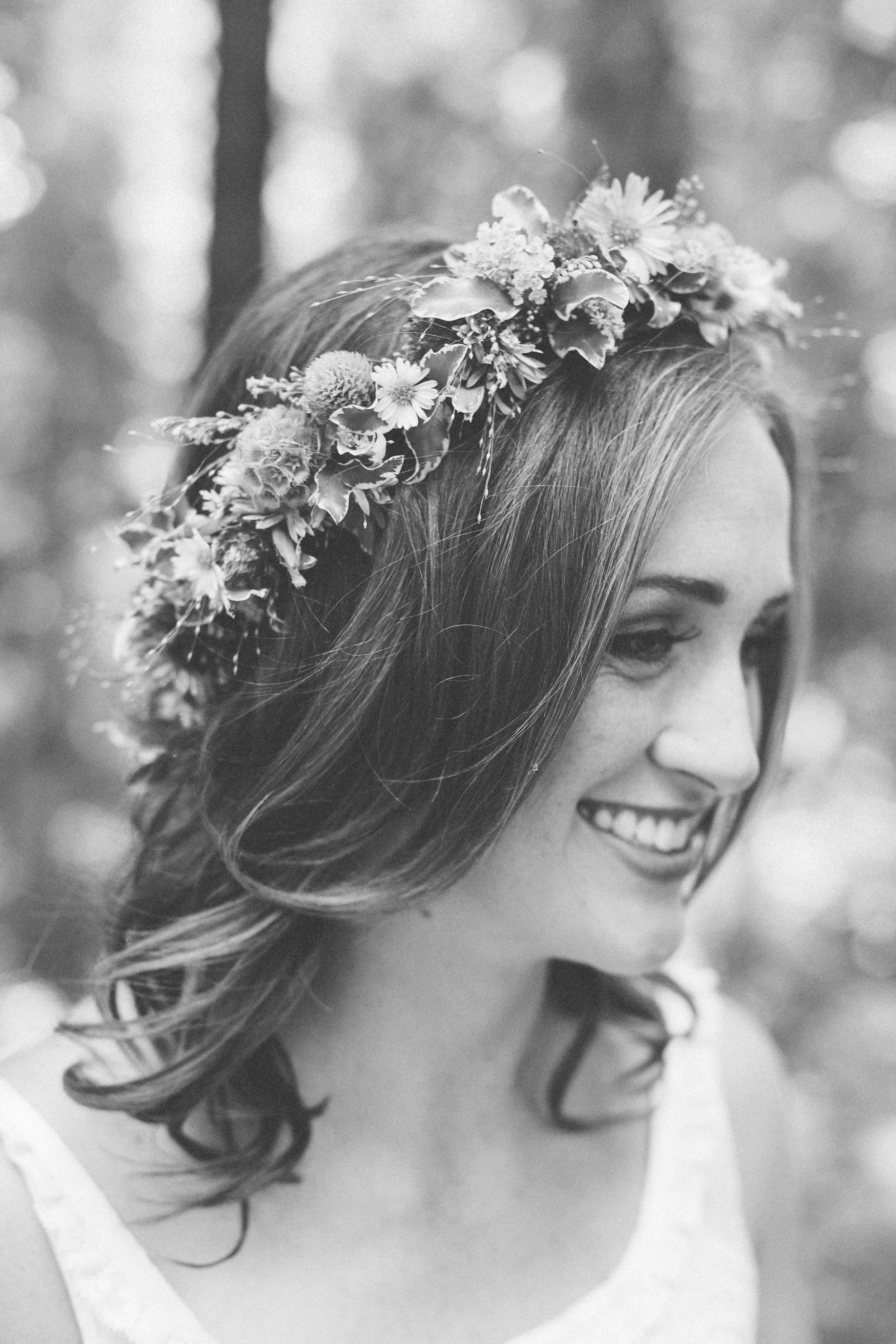 Portrait of boho bride wearing flower crown
