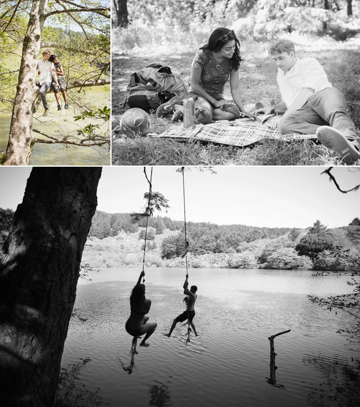 Engagement photos at Bass Lake. Hiking, tree climbing, and rope swinging!
