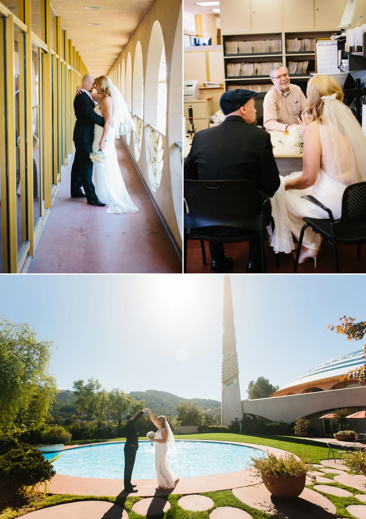 The engaged couple walks the hallways, meets with the Marin county clerk, and a twirl in front of the circular pool.