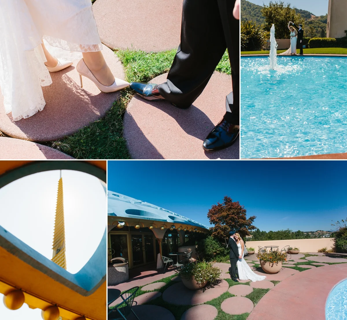 Just married! Enjoying the fun Frank Lloyd Wright architecture of the Marin Civic Center.