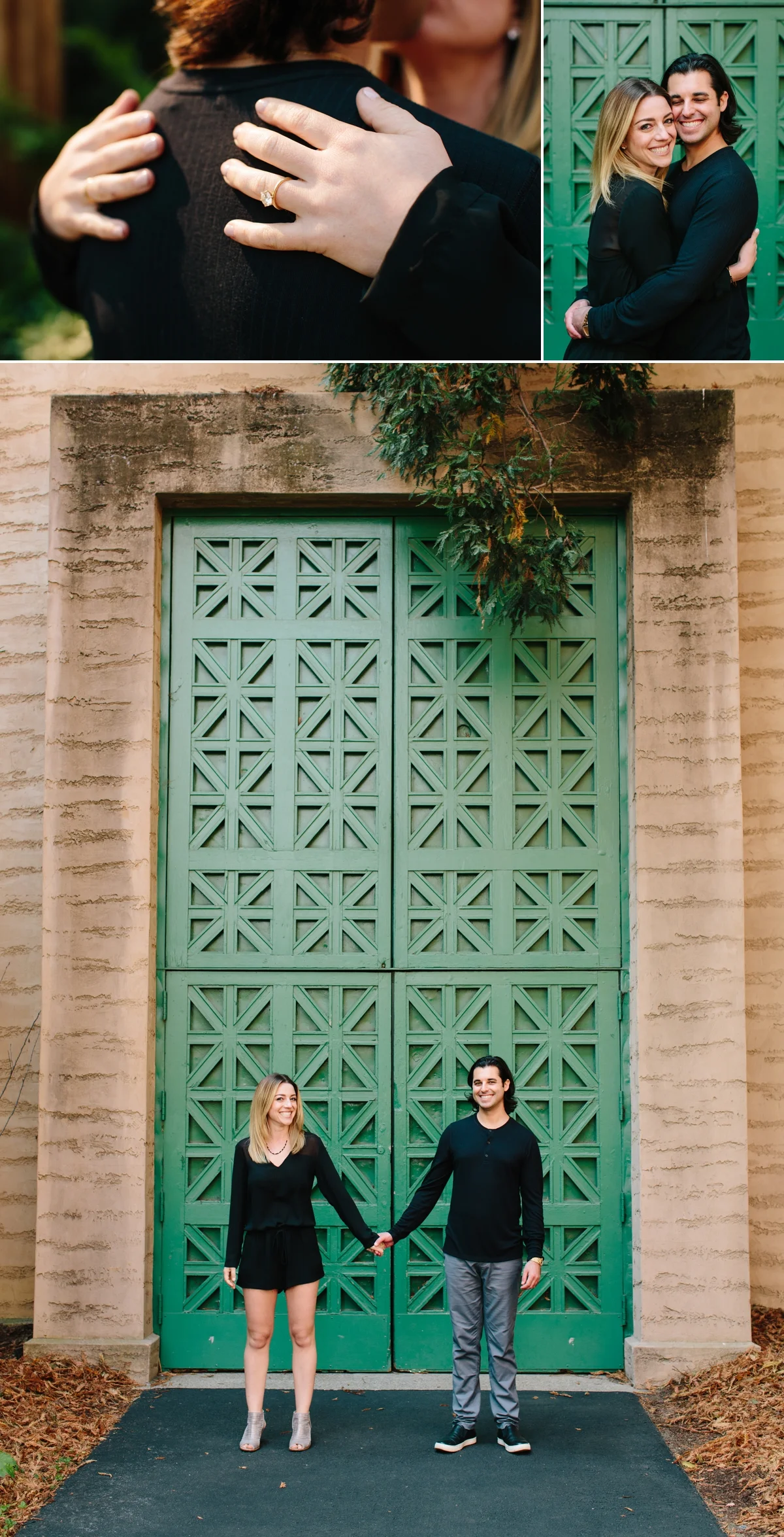 Engagement ring. Hugs at the Palace of Fine Arts. Big green doors. Happy Couple.