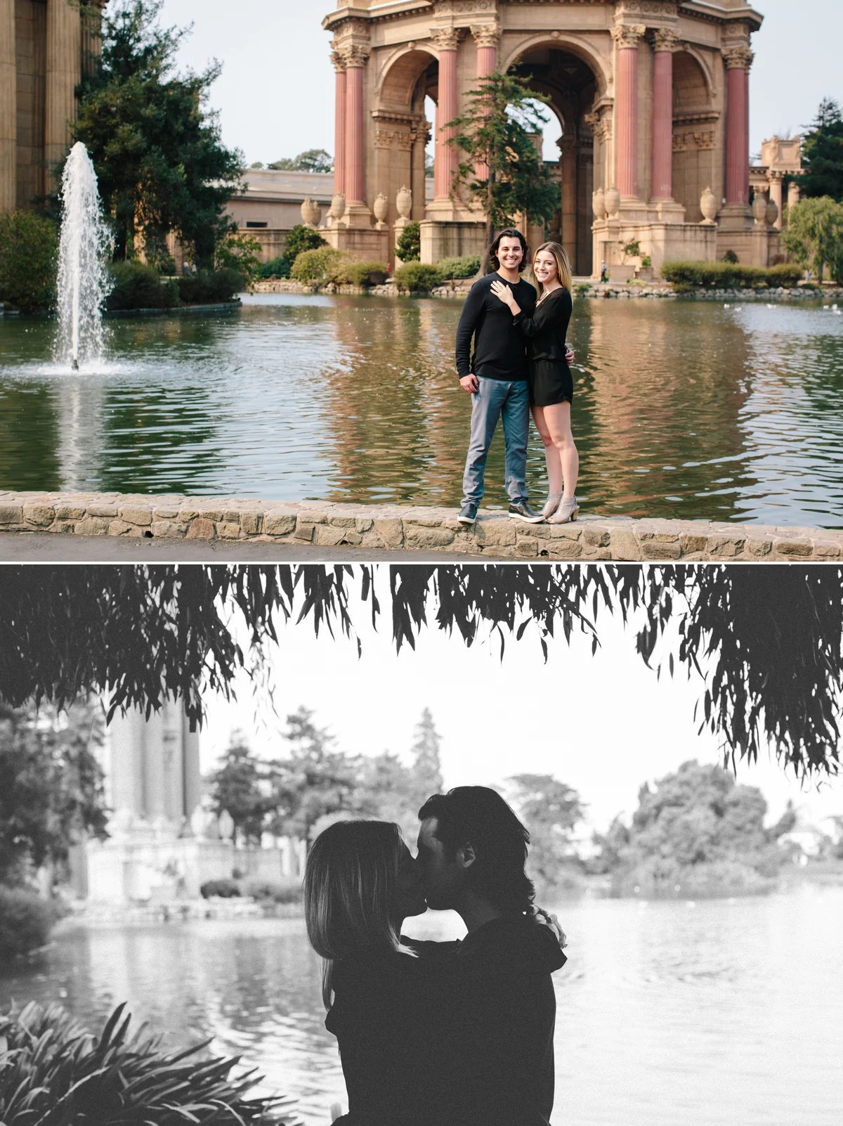 Engagement photos in front of the lagoon at the Palace of Fine Arts, San Francisco.