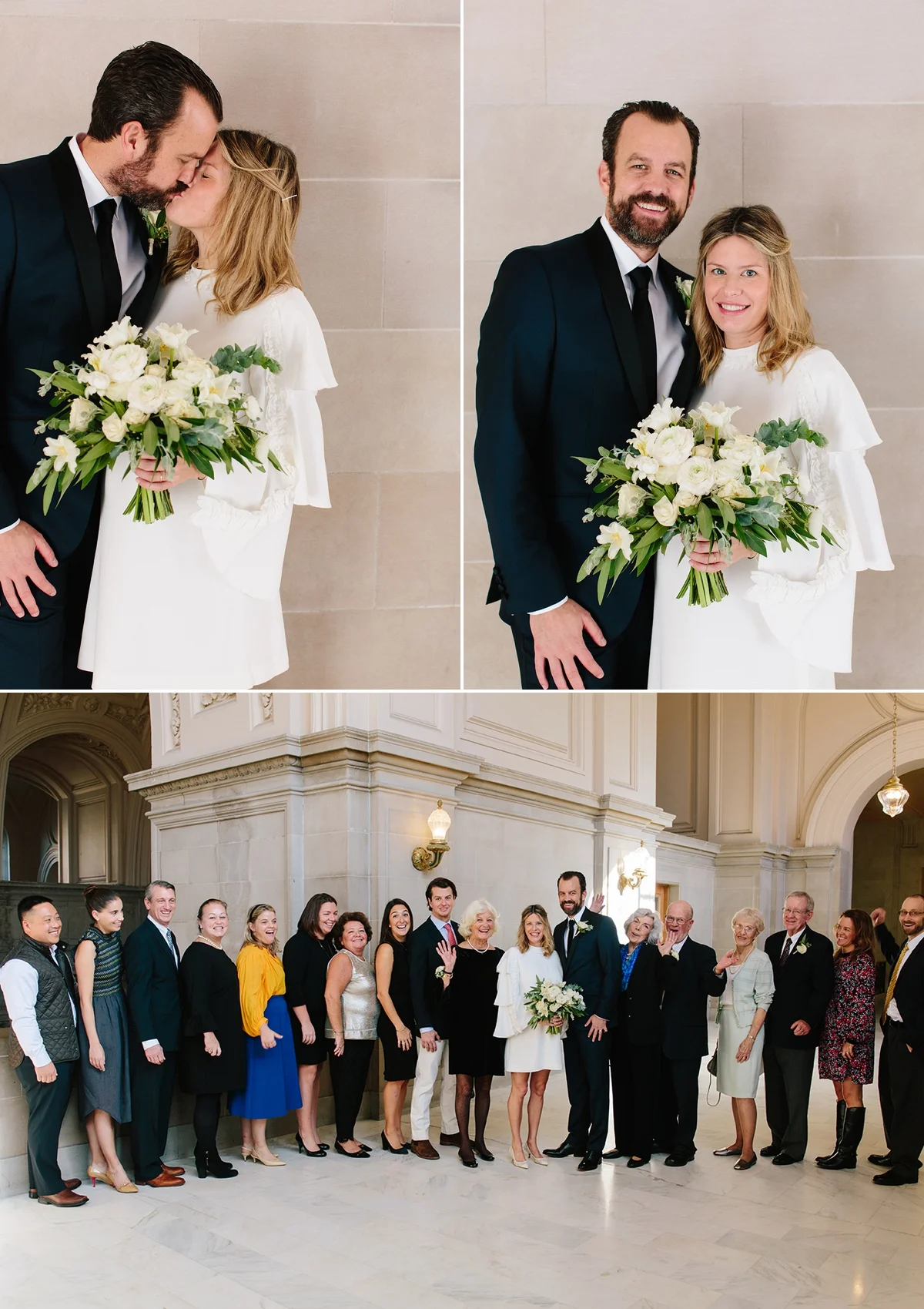 The bride and groom share a kiss and take a group family photo at San Francisco City Hall.