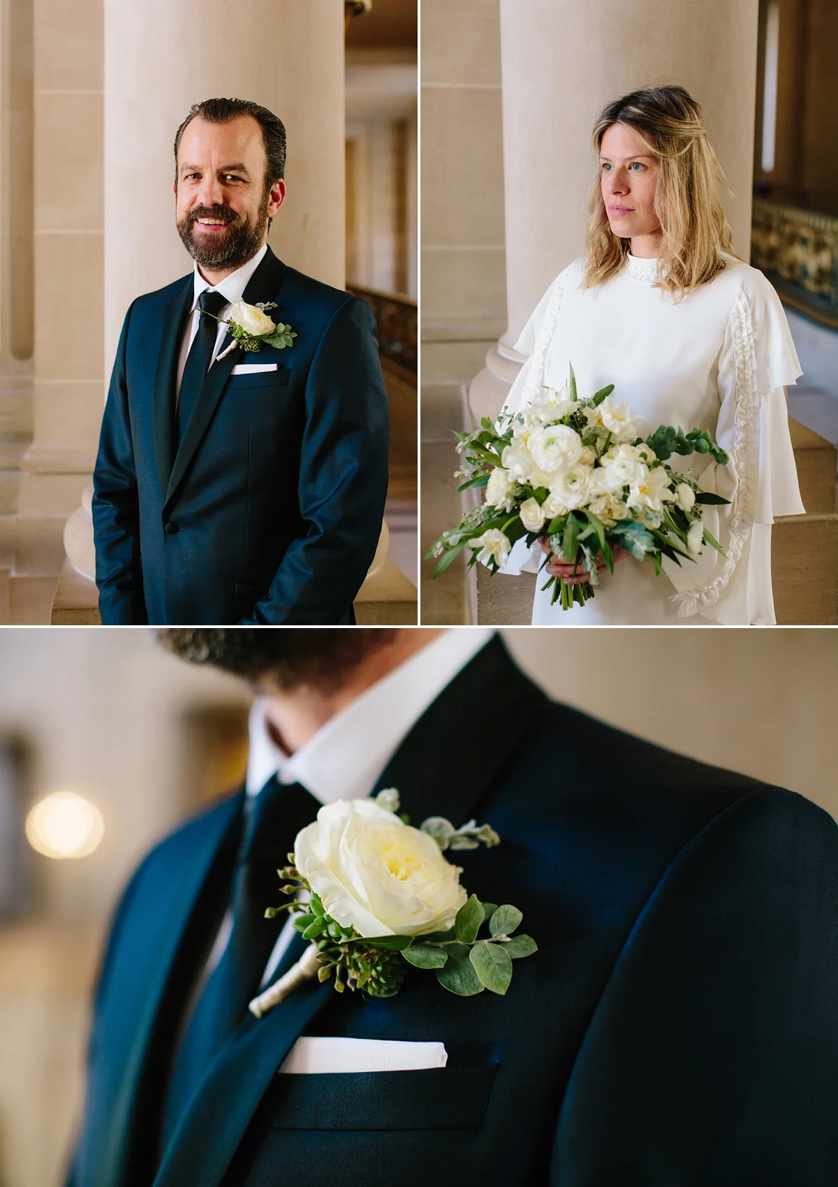 Separate portraits of the groom and the bride at San Francisco City Hall.