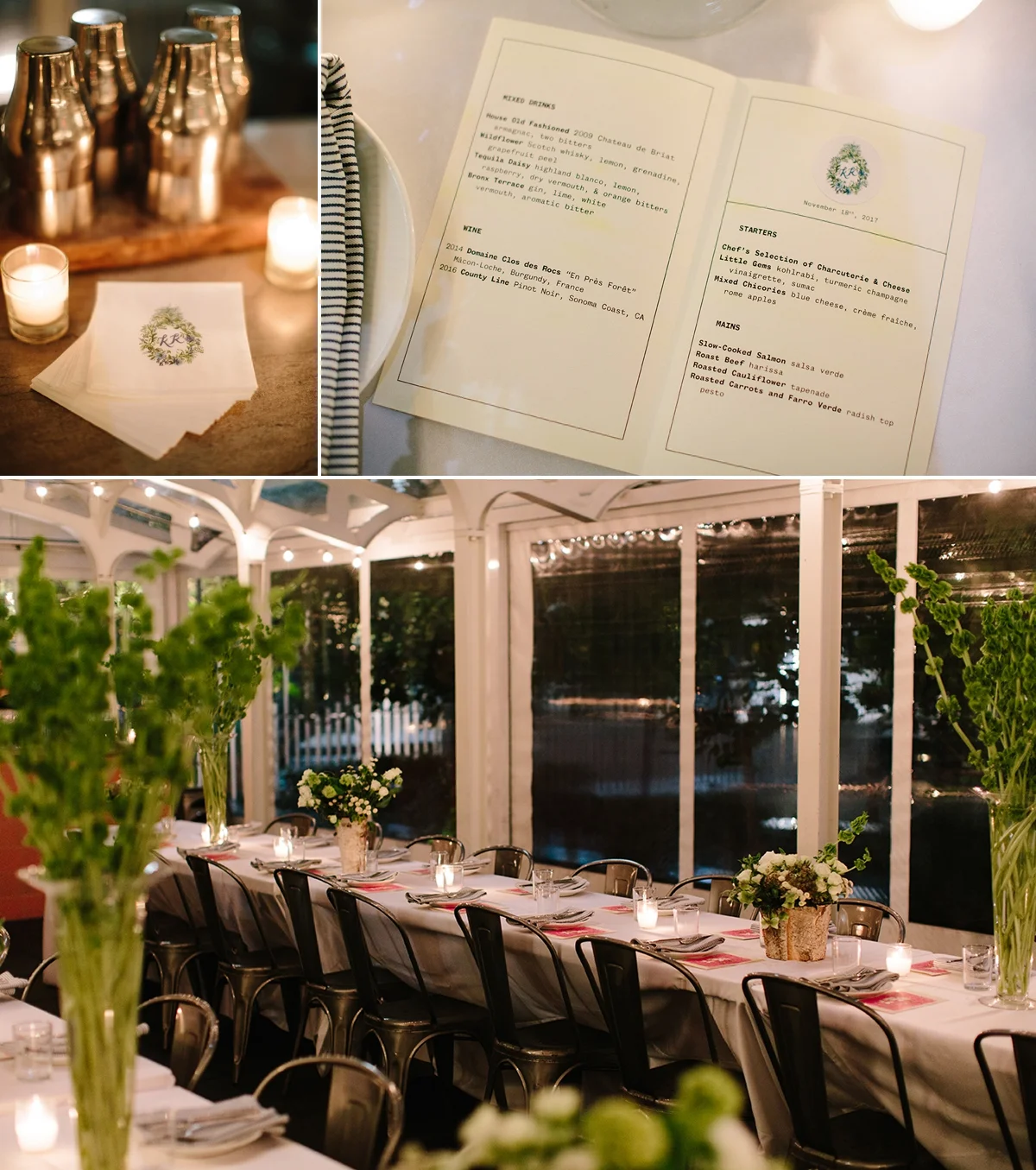 The custom menu, napkins, and intimate french-style table settings for the bride and groom’s dinner reception at Trou Normand.