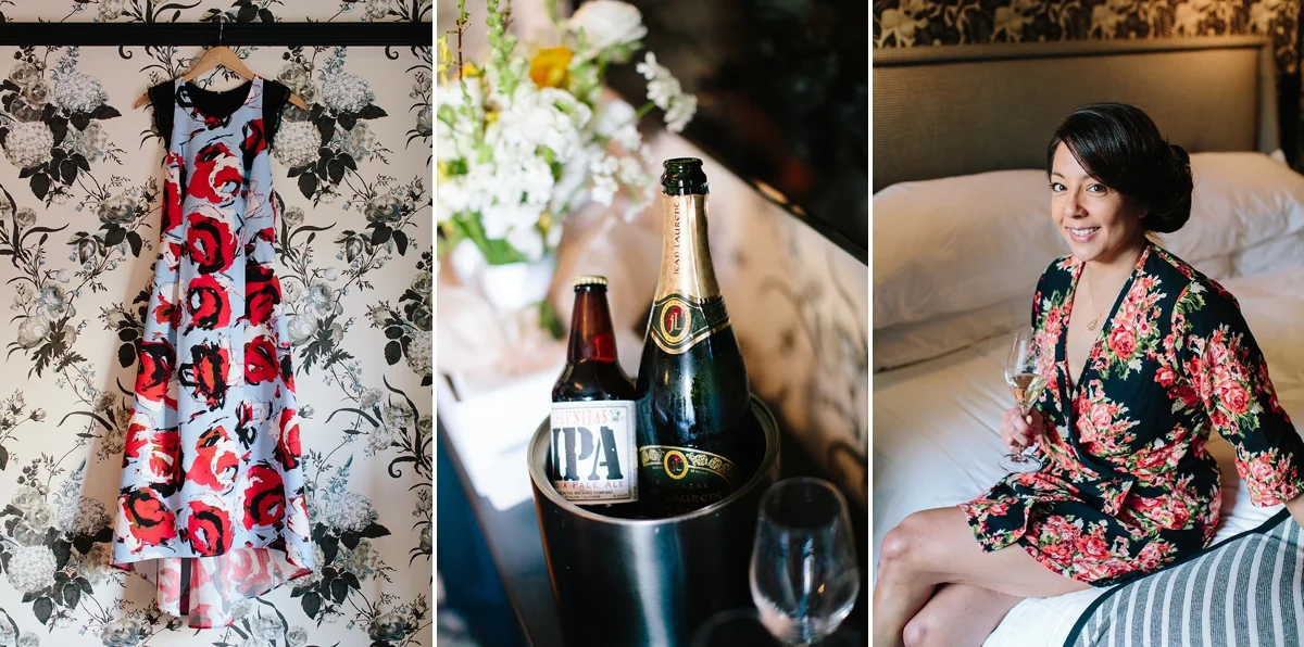 The bride’s colorful floral print wedding dress, champagne and beer chilling, and the bride in her getting ready floral robe at the Proper Hotel in San Francisco.