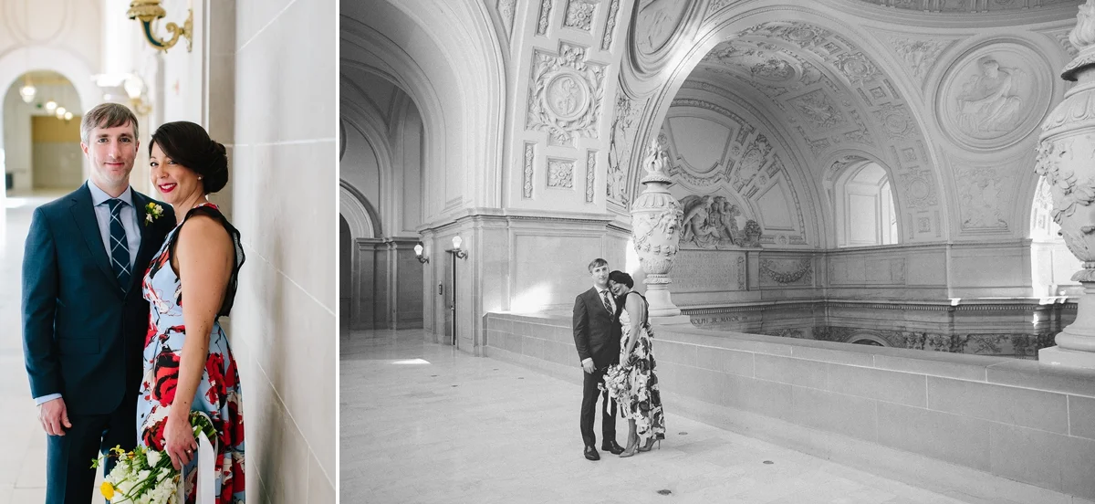 The bride and groom on the 4th floor of San Francisco City Hall.