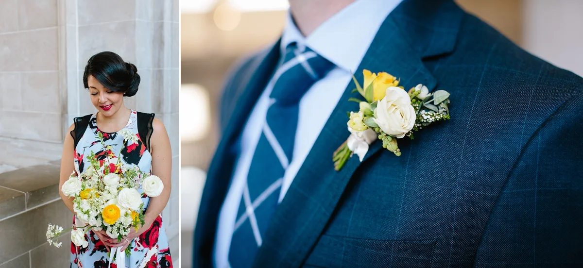 The bride and her bouquet and the groom and his boutonniere by Ampersand.