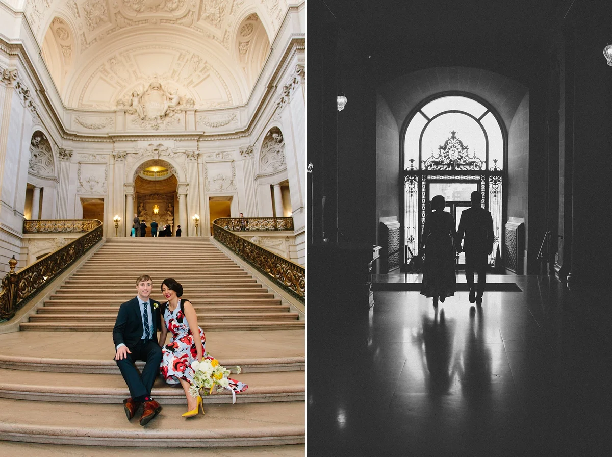 The bride and groom sit on the grand staircase. Silhouettes of the bride and groom as they exit San Francisco City Hall.