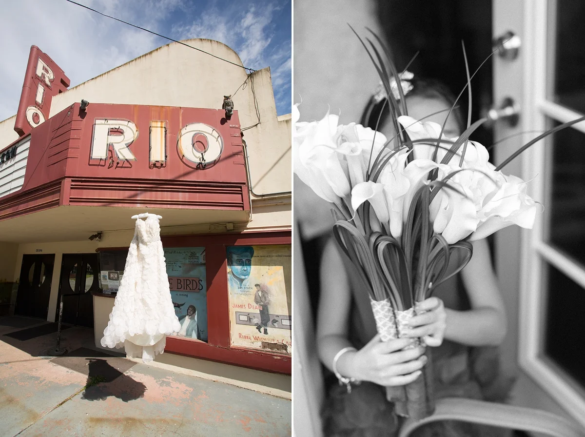 Bride’s wedding dress hanging on the historic Rio theater in Monte Rio. Flower girl holding lily bouquet.