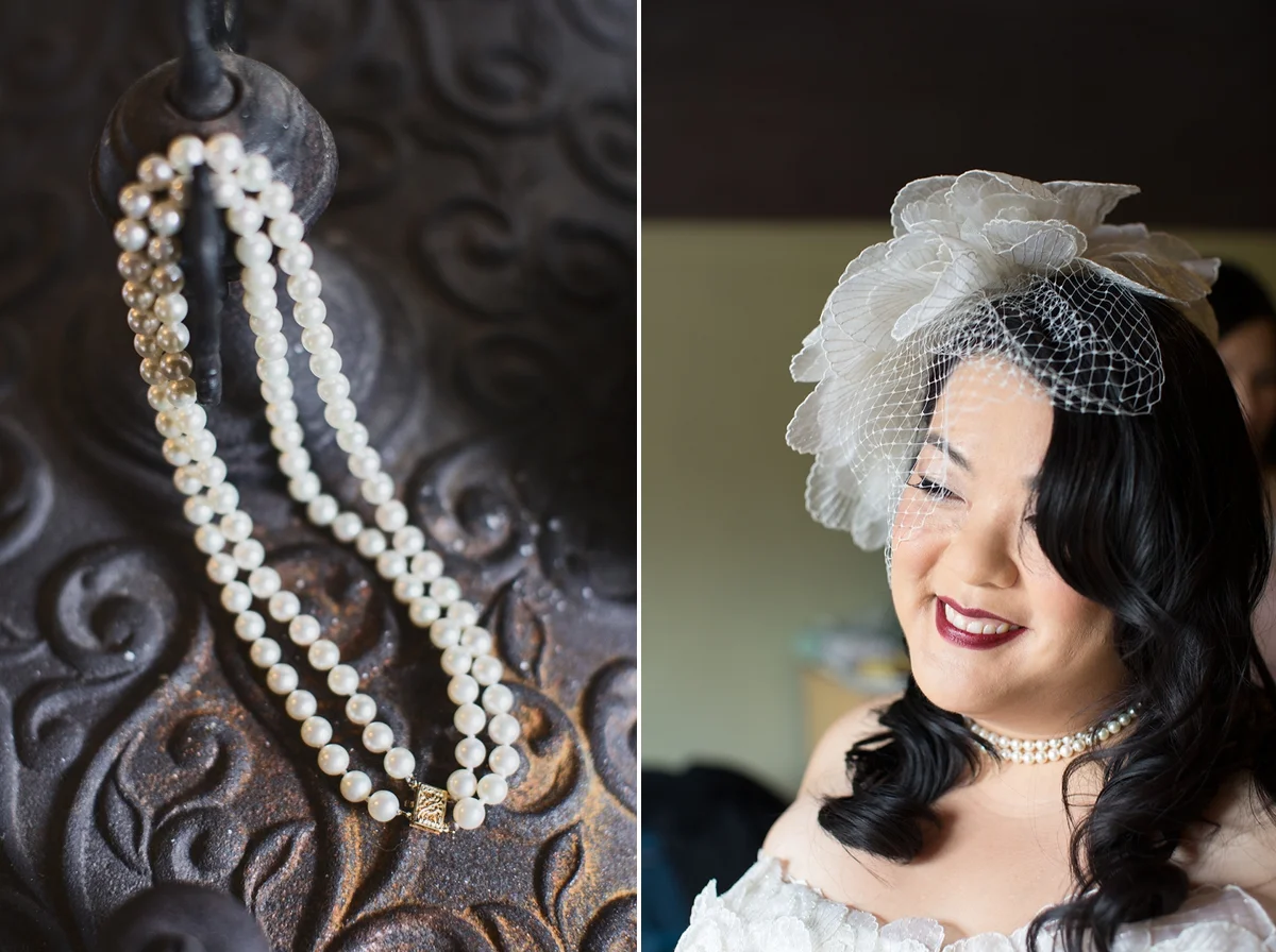 Pearls given to the bride by her mother, and a portrait of the bride at the Highland Dell Lodge in Monte Rio.