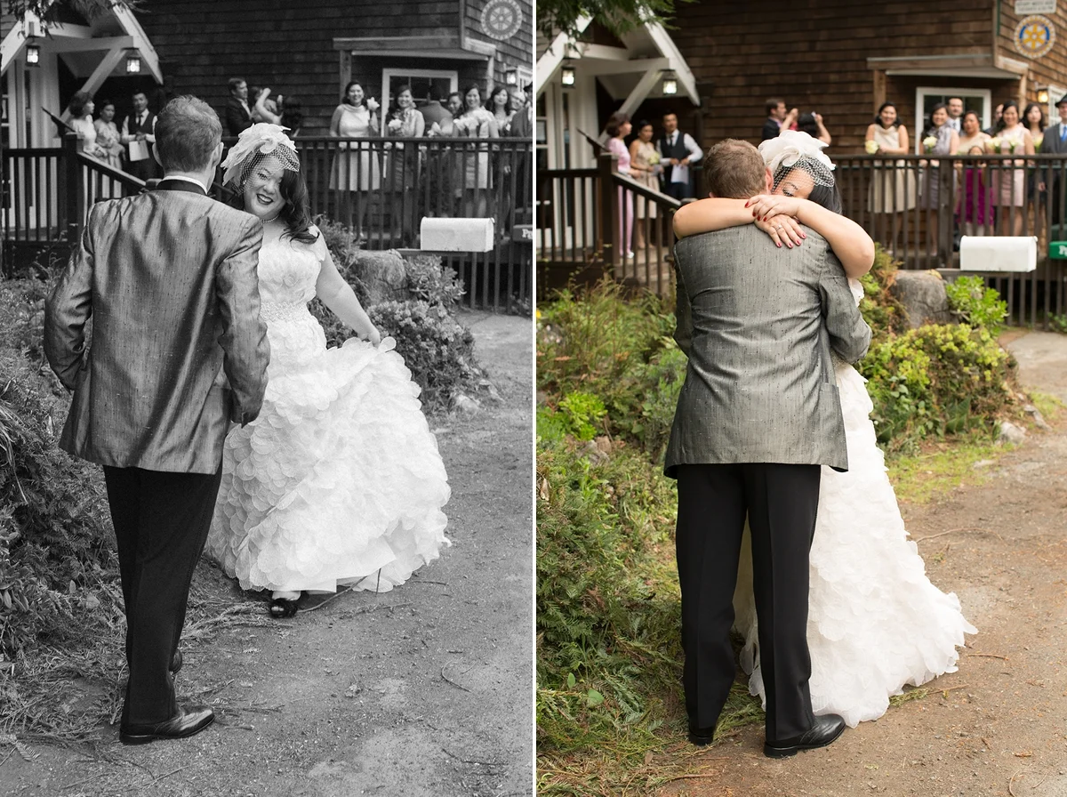 The bride and groom’s First Look while the bridal party watches at the Highland Dell Lodge in Monte Rio.