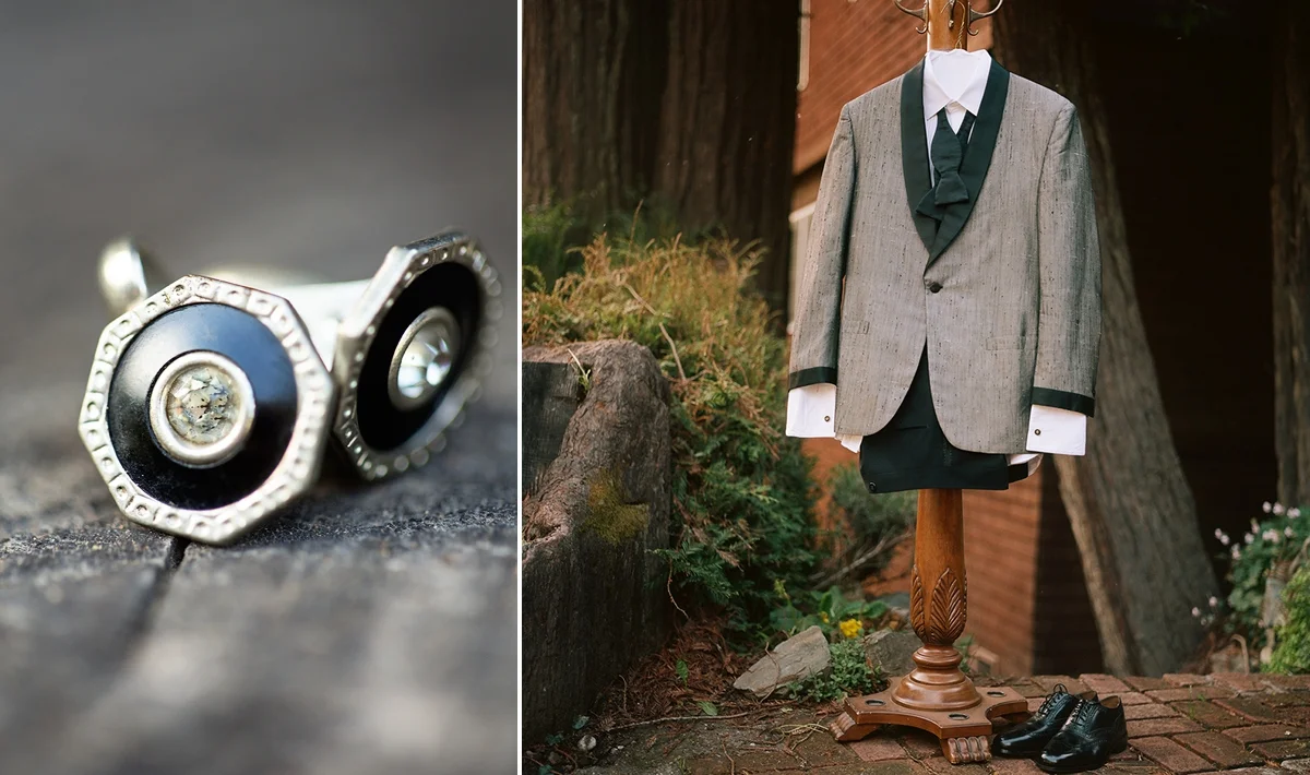 Vintage cufflinks and a vintage sharkskin tuxedo for the groom. At the Highland Dell Lodge in Monte Rio.