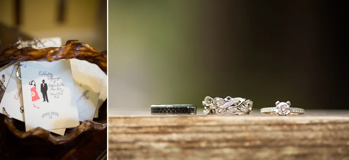 Wedding ceremony programs and wedding rings at the Highland Dell Lodge in Monte Rio.