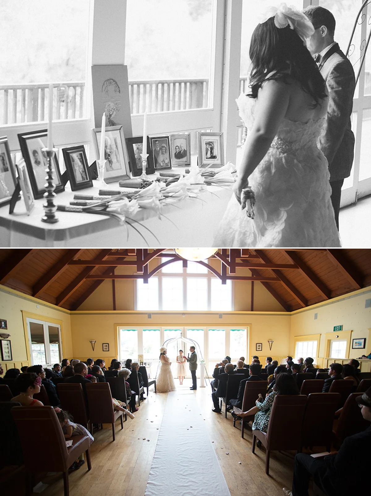 During the ceremony the bride and groom visited a table with photos from their family, past and present. At the Highland Dell Lodge in Monte Rio, California.