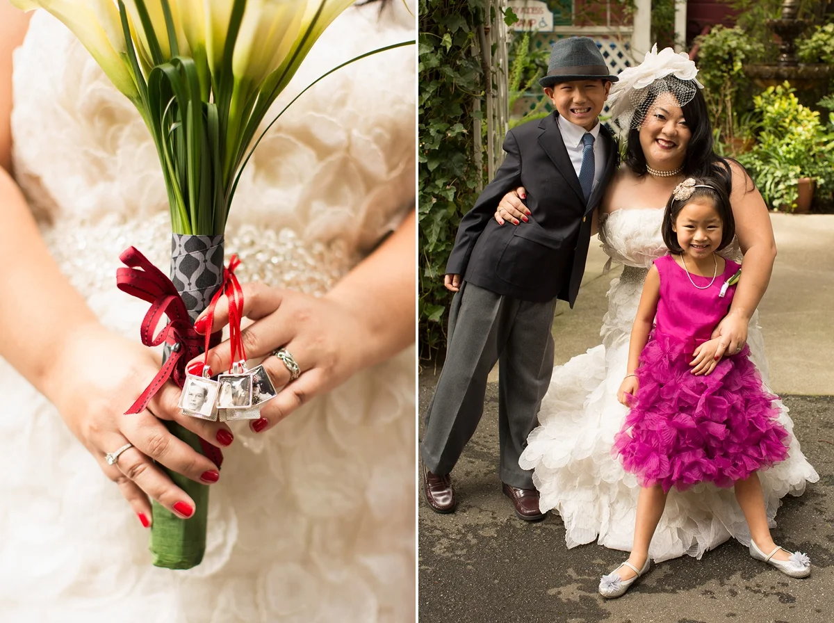 The bride’s lily bouquet with framed family photos tied to it. The bride with the flower girl and ring bearer.