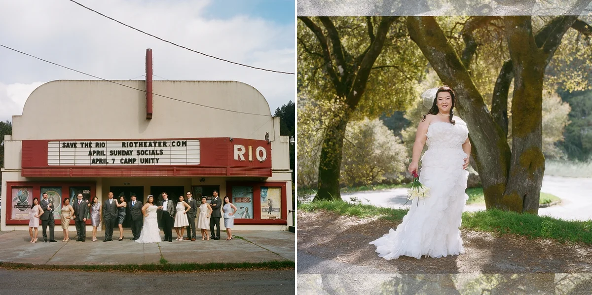 The wedding party strikes a pose in front of the historic Rio theater. Portrait of the bride in Monte Rio, California. Shot on film with a Hasselblad 503cw.