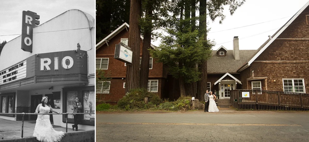 The bride and groom in front of the historic Rio theater and the Highland Dell Lodge in Monte Rio, California.