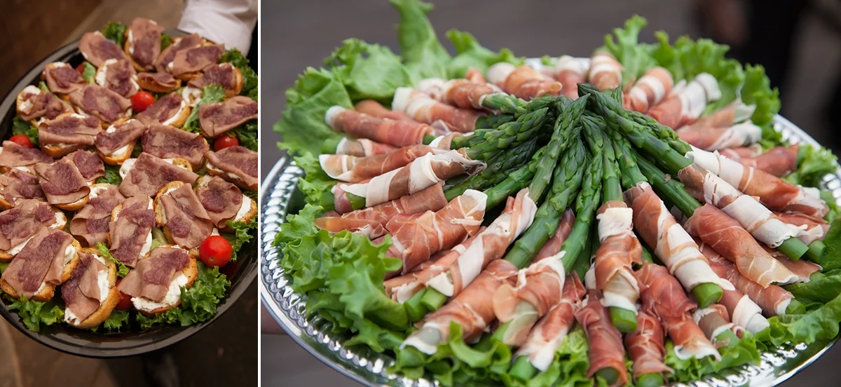 The appetizers from the Highland Dell Lodge, including beef wellington and asparagus wrapped in prosciutto.