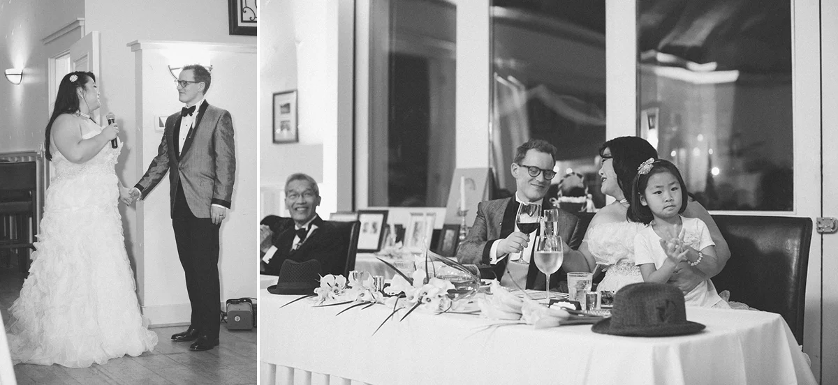 The bride and groom give toast at their wedding at the Highland Dell Lodge in Monte Rio.
