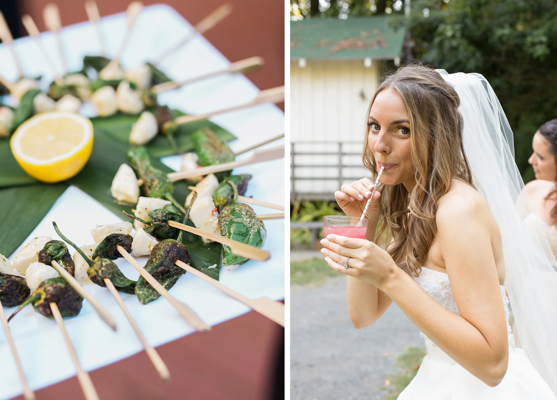 Wedding cocktail hour appetizers and signature drinks.