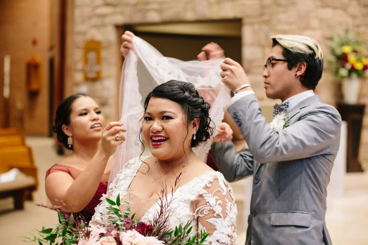 Advice about planning your wedding from Jayvee: “Involve your family in the process. We had family members who were happy to share their talents to help make our wedding special. The wedding dress, makeup, invitations and coordination were all by family. And we couldn’t imagine our wedding without everyone’s contribution.”