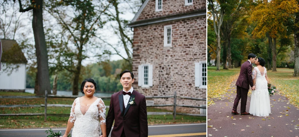 The bride and groom stop for a portrait and a kiss amongst the fall foliage at Washington Crossing Park.