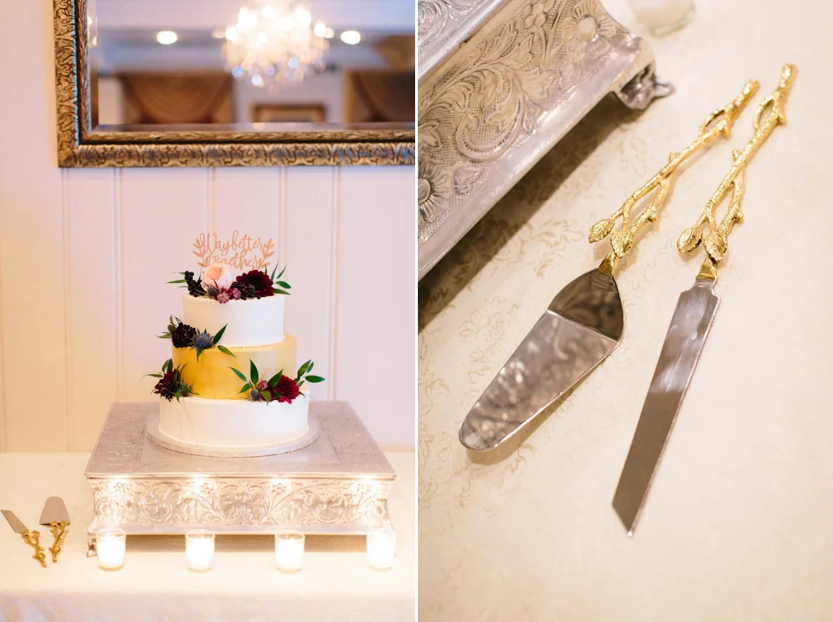 The wedding cake and cake cutlery at the wedding reception at Washington Crossing Inn.