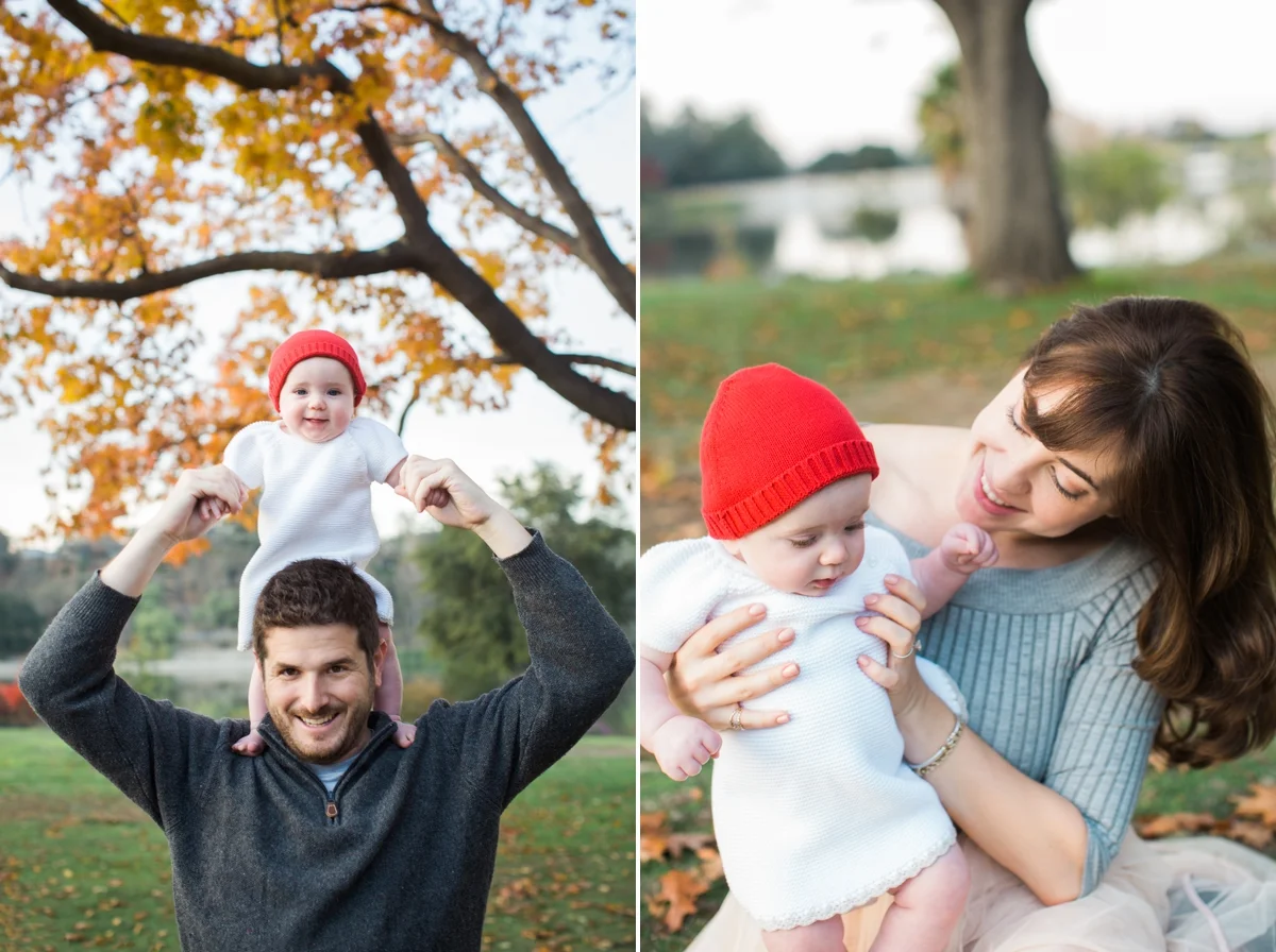 Maya on her dad’s shoulders with fall leaves of Vasona Park.
