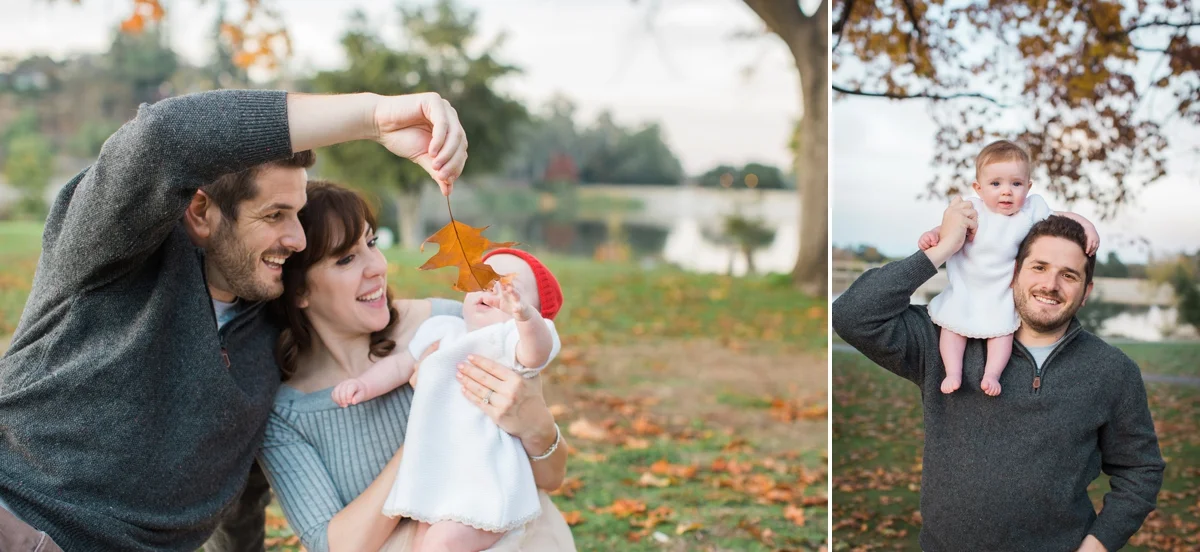 Baby Maya looks at a fall leaf with her parents, and sits on her dad’s shoulders at Vasona Park.