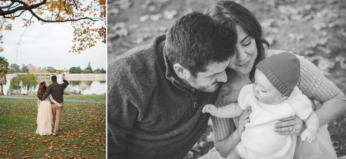 Young family walking in the fall leaves at Vasona Park.