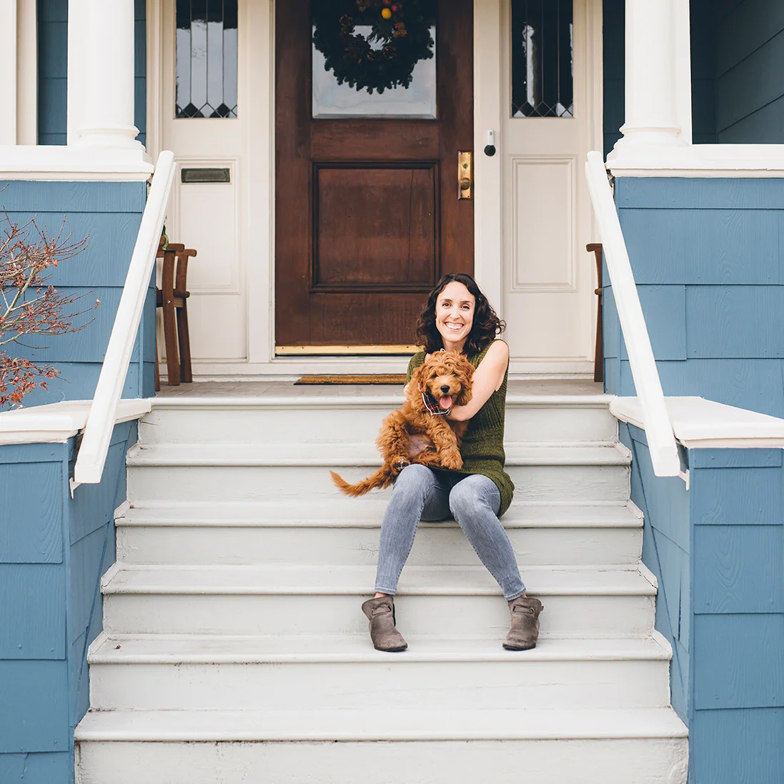 Sonya Yruel with her goldendoodle puppy, Sequoia.